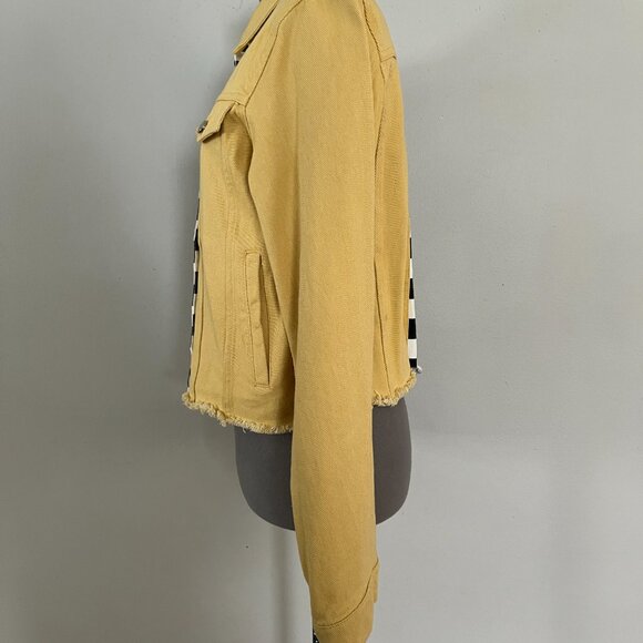NWT M.N.I LA Sz L Black White Yellow Colorblock Cropped Stretch Denim Jacket - Picture 3 of 10